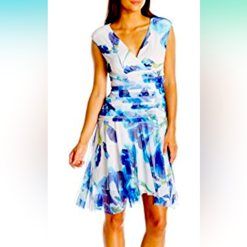 London Times Women's Petite Cap Sleeve V Neck Fit & Flare Dress w. Drop Waist